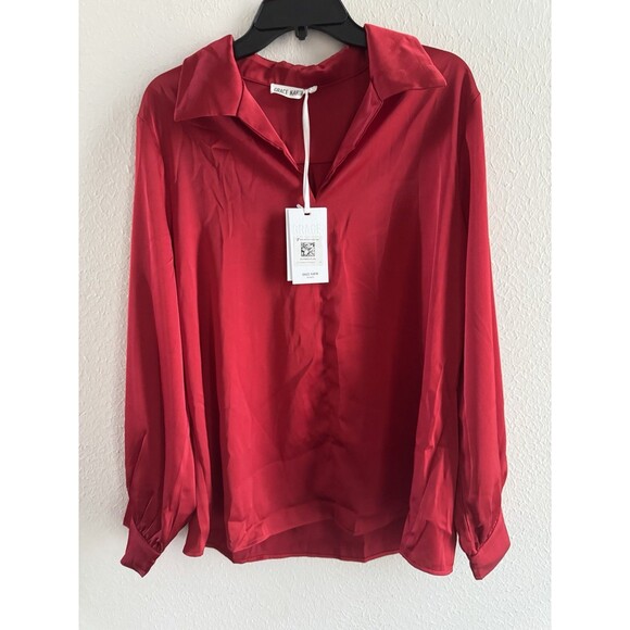 GRACE KARIN Satin Blouse Wide Lapel V Neck Long Sleeve NWT red XL classic office - Picture 7 of 12